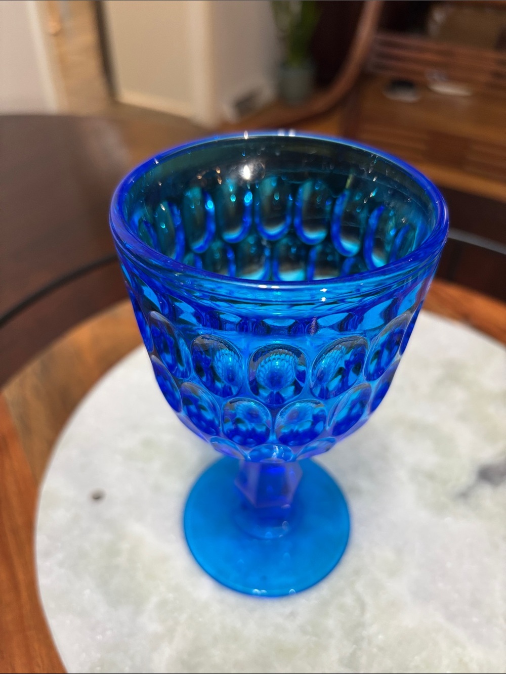 Blue Fenton glass thumbprint water goblet - Picture 3 of 7